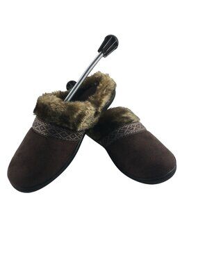ISOTONER BROWN MICROSUEDE FAUX-FUR CLOG SLIPPER SIZE 8.5-9
